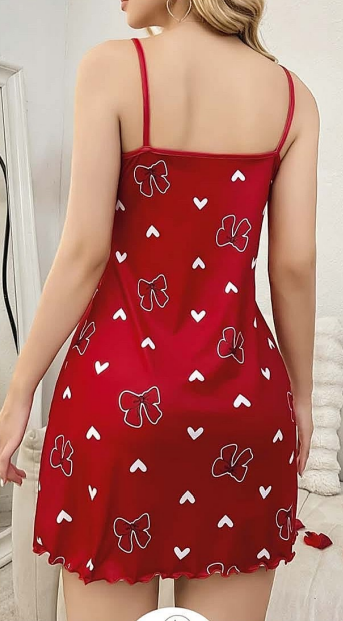 Kalpli ve Fiyonk Desenli İnce Askılı Kadın Gecelik – Kırmızı