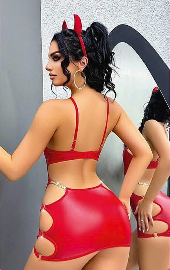 Kırmızı Şeytan Fantezi Kostüm – Derin Dekolteli & Cut-Out Detaylı Mini Elbise