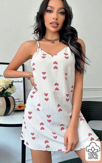 Kalpli Desenli İnce Askılı Kadın Gecelik – Beyaz