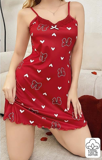 Kalpli ve Fiyonk Desenli İnce Askılı Kadın Gecelik – Kırmızı