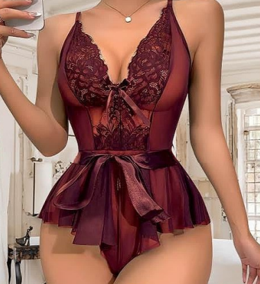 Dantel ve Tül Detaylı Babydoll Gecelik – Bordo
