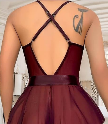 Dantel ve Tül Detaylı Babydoll Gecelik – Bordo