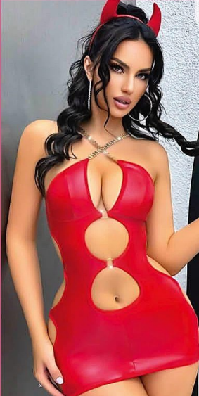 Kırmızı Şeytan Fantezi Kostüm – Derin Dekolteli & Cut-Out Detaylı Mini Elbise